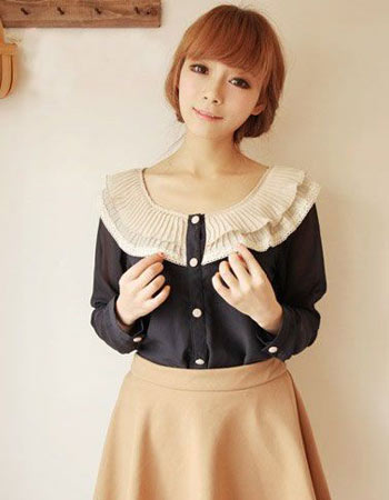 荷叶领褶皱雪纺衫 三月惹火搭配